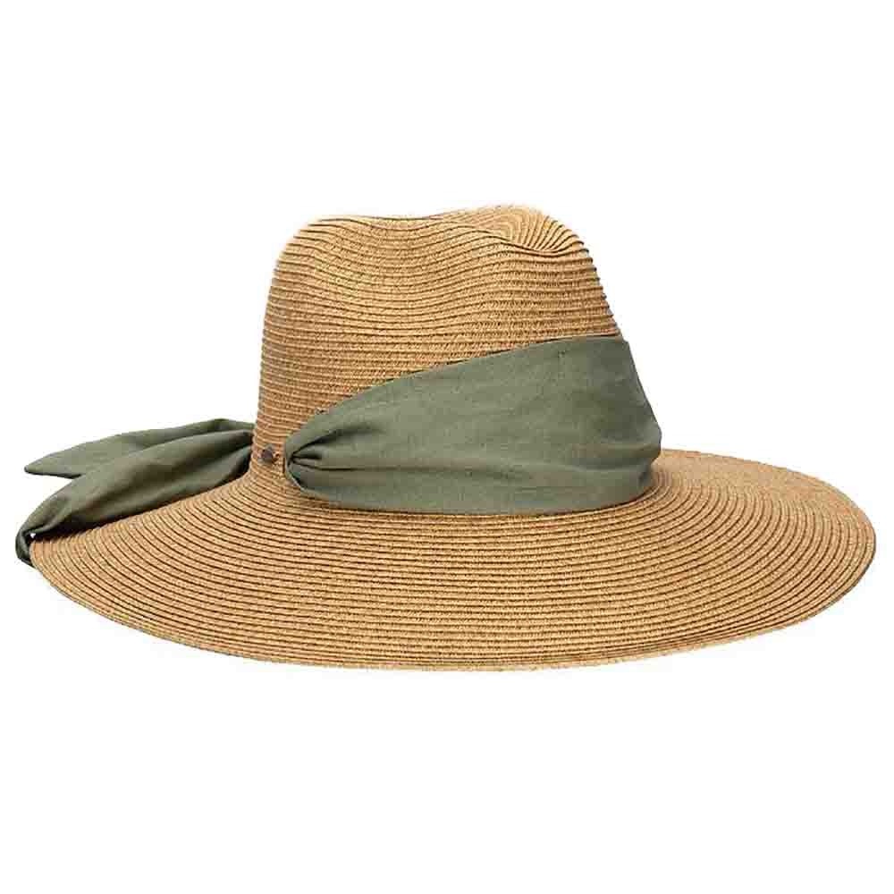 Wide Brim Straw Sun Hat with Olive Green Band - Women